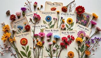 a collection of antique seed packets arranged with dried flower heads and labels photo