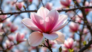 a large blossom of a magnolia tree in full bloom, framed by softly blurred branches in the background photo