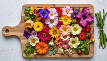 a display of edible flowers arranged neatly on a cutting board beside herbs photo
