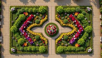 a geometric flowerbed design viewed from above in a perfectly symmetrical layout photo