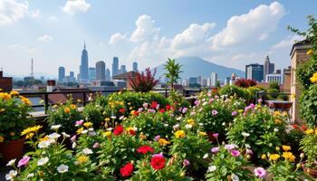 a quiet urban rooftop garden full of flowering plants with a distant city skyline photo