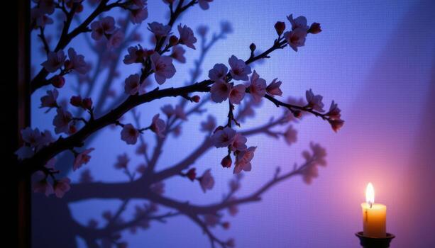 a shadow of a blooming branch cast against a paper screen by candlelight photo