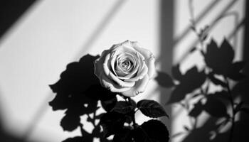 a high contrast black and white photo of a single rose surrounded by shadows