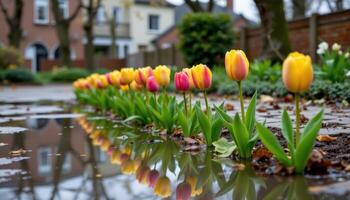 a line of tulips reflected in puddles after a gentle spring rain photo