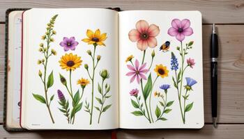 a botanical sketchbook open to watercolor illustrations of wildflowers beside real blooms photo
