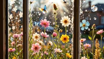 a windowpane with condensation and pressed flower stickers catching the morning sunlight photo