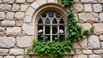 a gothic style floral window with ivy creeping through the cracks of the ancient stone frame photo