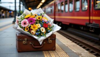 a colorful bouquet wrapped in newsprint resting against a vintage suitcase at a train station platform photo