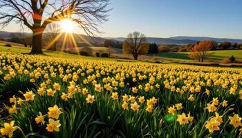 a sunlit field of daffodils at golden hour with rolling hills in the distance photo