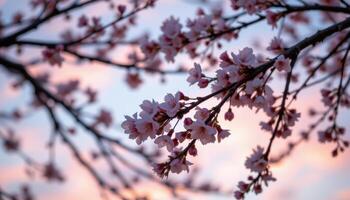 a soft focus shot of cherry blossom branches reaching across the frame under a pastel sky photo