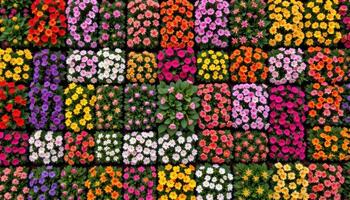 a patchwork of different flower beds viewed from above, forming a vibrant living quilt photo