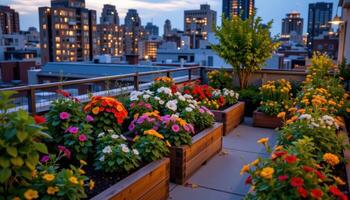 a rooftop garden filled with blooming plants, herbs, and raised beds under soft city lights photo