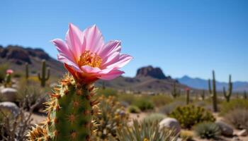 a close up of a blooming cactus flower with dramatic contrast in a desert landscape photo