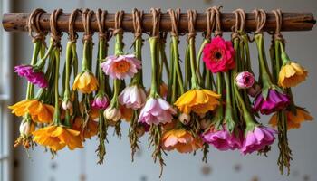 a rustic flower drying rack with upside down blooms in varying states of decay photo