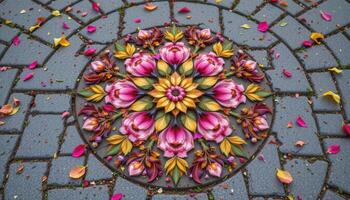 a symmetrical floral pattern made entirely from fallen petals and leaves on pavement photo