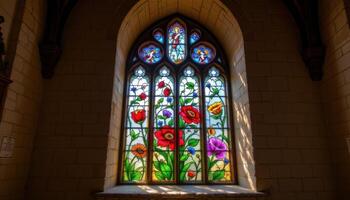 a stained glass window depicting flowers illuminated by sunlight in an old chapel photo