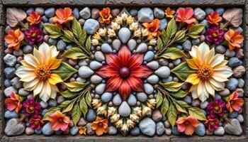 a floral mosaic made from petals, pebbles, and bark arranged in geometric symmetry photo