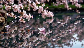 a single floating petal on a mirror like pond reflecting cherry blossom trees above photo