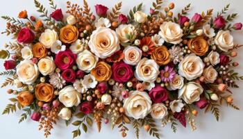 a dried floral wall installation made from roses, strawflowers, and ferns in earthy tones photo