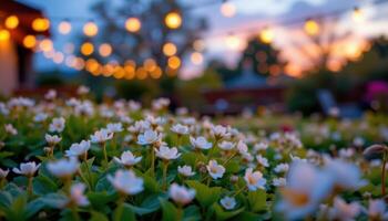 a soft focus scene of clover blossoms glowing at dusk under string lights photo
