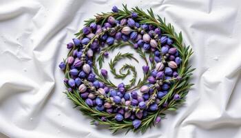 a spiral arrangement of lavender buds and rosemary sprigs on white fabric photo