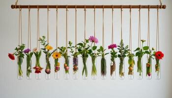 a hanging row of flower filled test tubes acting as a minimalist floral display photo
