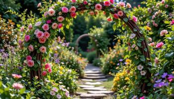 a rustic floral arch marking the entrance to a secret garden path photo
