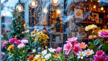a rain soaked flower shop window fogged with steam and vibrant petals within photo