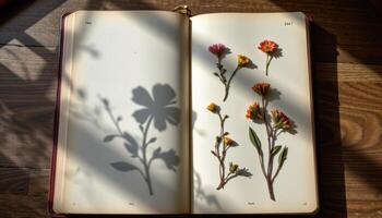 a shadow of a flower cast against a journal filled with pressed specimens photo