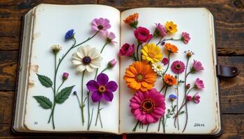 a flower journal open to a page of sketched and real blooms pressed beside each other photo
