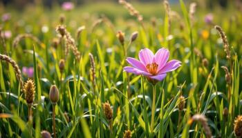a wild bloom breaking through a field of tall grasses after rain photo