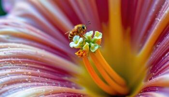 a macro view of pollen clinging to the center of a daylily photo
