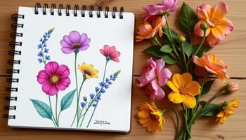 a spiral notebook with flower sketches resting beside real matching blooms photo