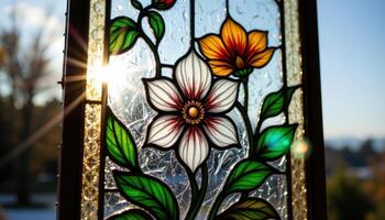 a stained glass panel with a floral design catching sunlight photo