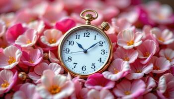 a timepiece resting in a bed of petals, marking time with blooming cycles photo