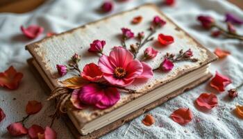 a handmade journal bound in linen and pressed with flower petals and leaves photo