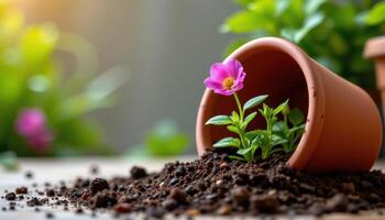 a flower pot tipped over with soil spilling out, but new blooms already sprouting photo