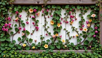 a natural wall tapestry of vines and flowers growing between wooden beams photo
