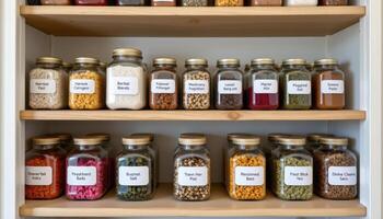 a high shelf filled with neatly labeled jars of flower petals and herbal blends photo