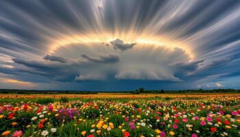 a dramatic thunderstorm sky above a brilliant patch of colorful wildflowers photo