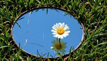 a daisy growing through a cracked mirror lying on the grass photo
