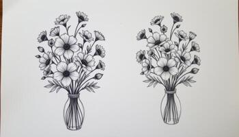 a minimalist line drawing of flowers placed beside a real bouquet mimicking the sketch photo