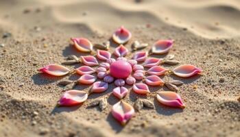 a meditative pattern made from rose quartz and petals on sand photo