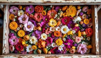 a vintage drawer filled with dried flowers organized by type and color photo