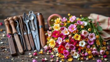 a collection of botanical tools beside a pile of harvested blossoms photo