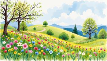 a watercolor scene of a hillside in spring dotted with natural floral patterns photo