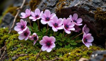 a cluster of wild anemones nestled in the shade of a mossy boulder photo