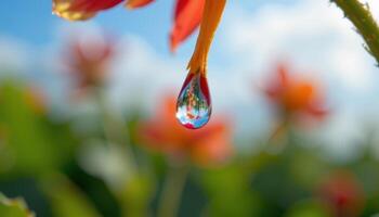 a crystal clear raindrop hanging from the tip of a vibrant flower petal, reflecting the sky photo