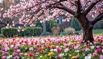 a peaceful flower bed beneath a cherry tree in full blossom during light rainfall photo