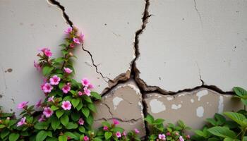 a cracked wall slowly being covered by trailing flowering plants from below photo